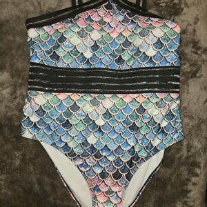 Womens 2X Mermaid Scale One-Piece Swimsuit - Sheer On The Straps And Stomach